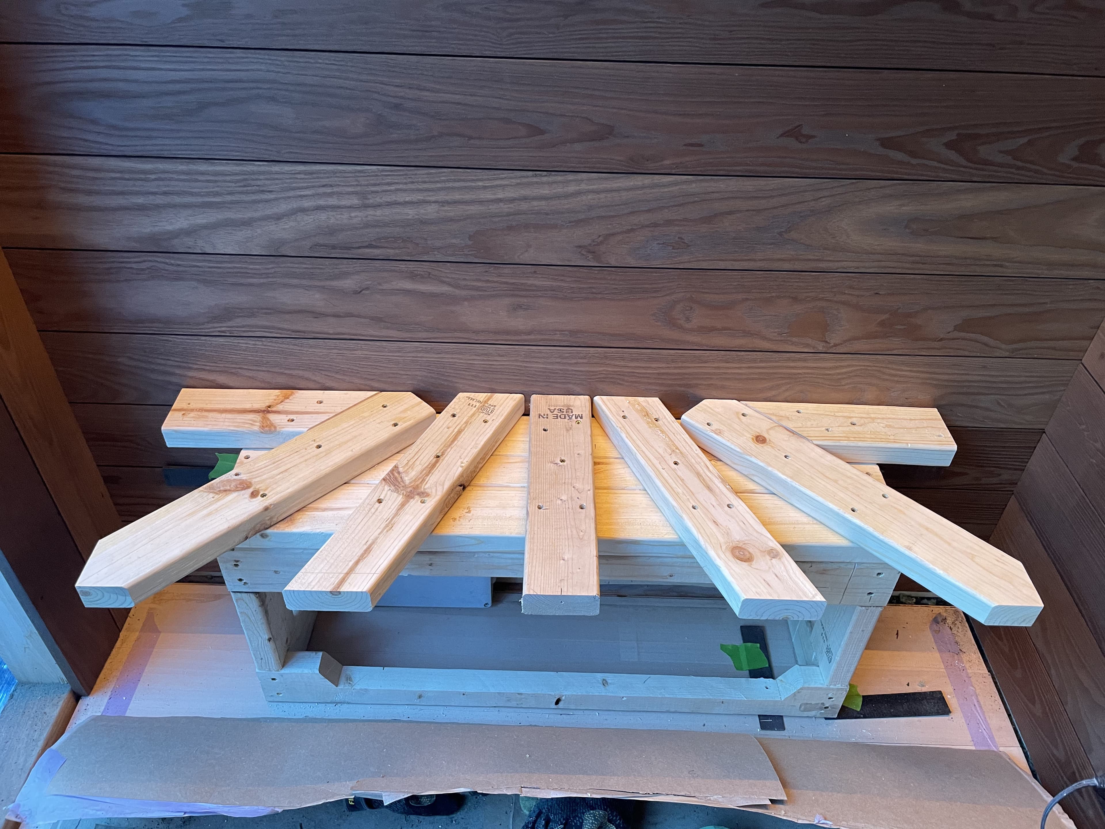 Starburst array of 2x4s assembled on bench frame